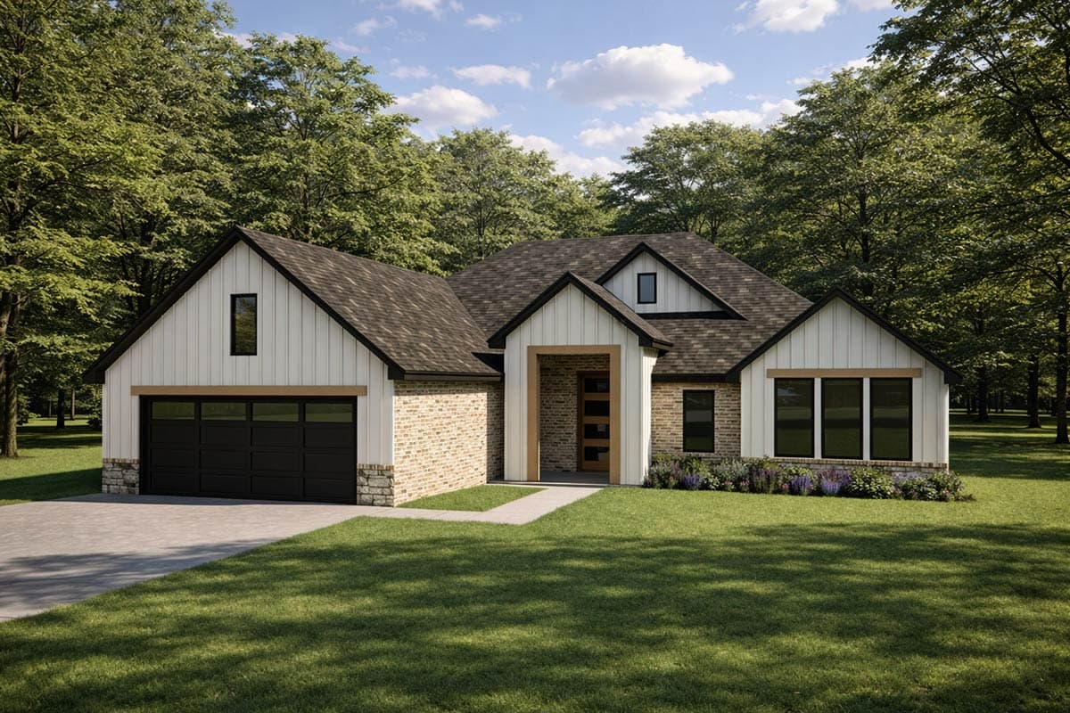 House plan exterior: Modern Farmhouse style, one story with a detached garage, board and batten siding, brick accents, and gabled rooflines.
