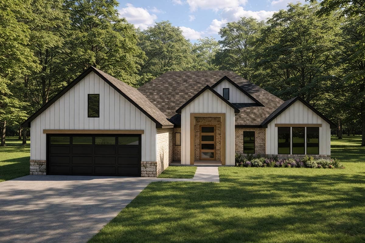 Modern Farmhouse style house plan exterior, one story, with gabled dormers, a prominent entrance, and a two-car side-entry garage.