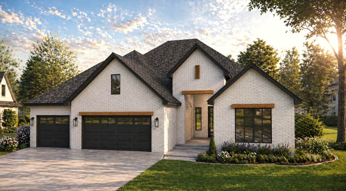 Modern Farmhouse house plan exterior with white brick, a steep roofline, a recessed entrance, and a three-car garage.
