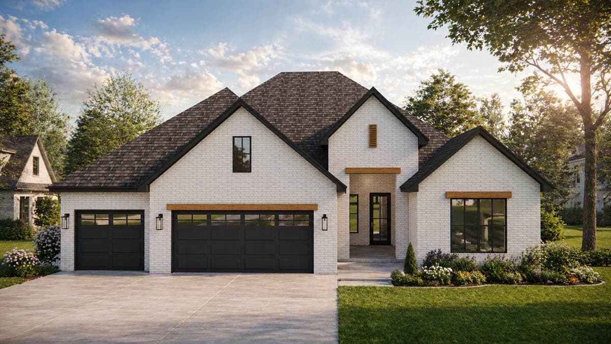 Modern Farmhouse house plan exterior with white brick, gable rooflines, triple garage doors, and a covered entryway.