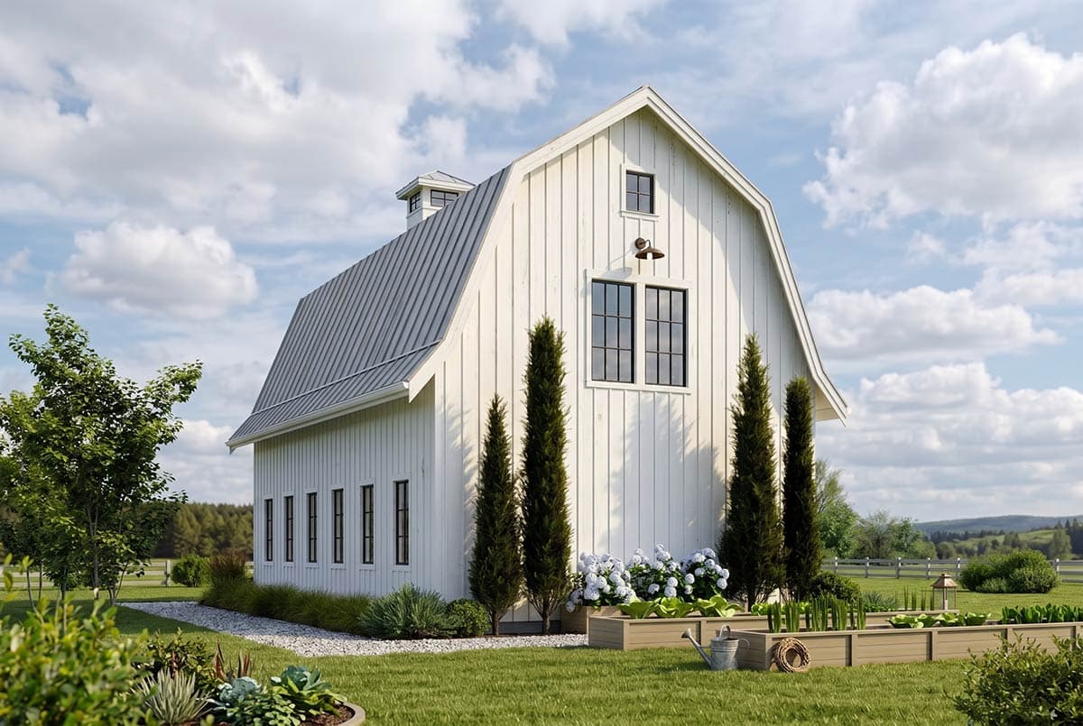 Modern barn house plan exterior with gambrel roof, vertical siding, metal roof, cupola, and multiple windows.