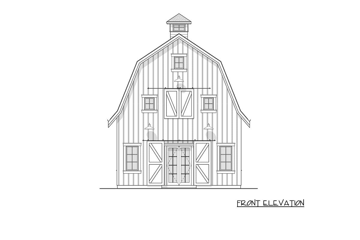 Front elevation of a barn-style house plan with gambrel roof, multiple windows, and large double doors.