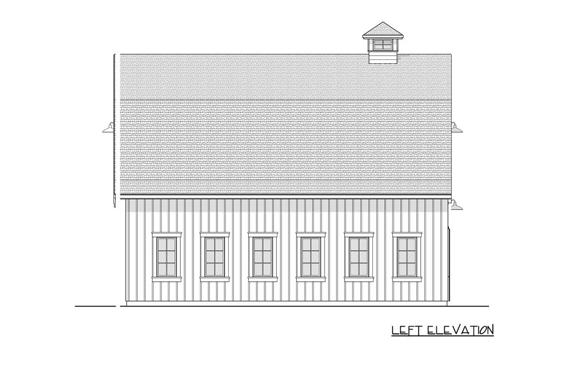 Left elevation drawing of a two-story house plan with vertical siding, a mansard roof, and a cupola.