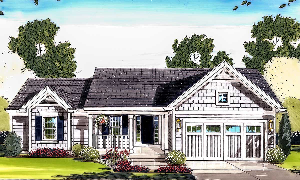 House plan exterior: Single-story Modern Farmhouse with a front porch, gables, and a two-car garage.