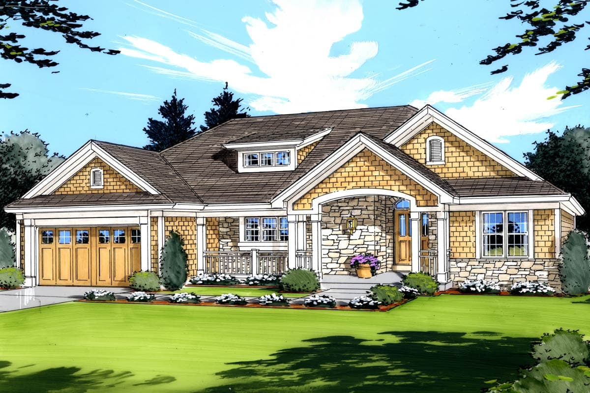 House plan exterior of a one-story home with a gabled roof, stone and shingle siding, covered porch, and attached garage.