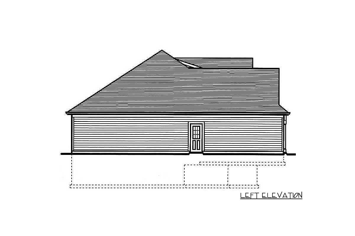 Left elevation house plan drawing showing a single-story structure with horizontal siding, a pitched roof, and a central door.