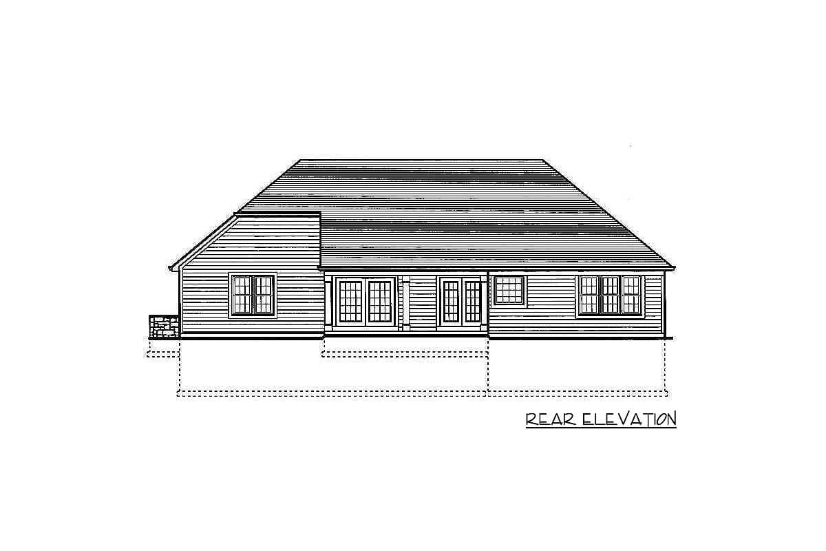 Rear elevation drawing of a house plan with a large, sloping roof, multiple windows, and a covered patio area.