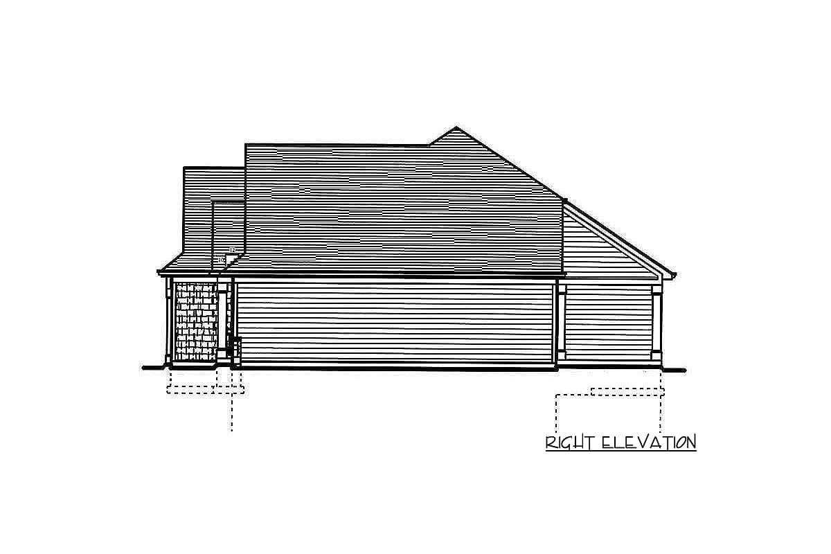House plan right elevation drawing showing gabled roof, siding, and covered porch with stone base.