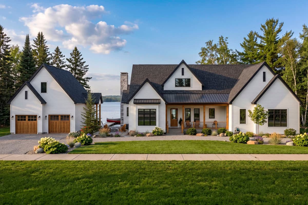 Modern Farmhouse exterior with two-car garage, covered porch with wood columns, and steeply pitched gables.