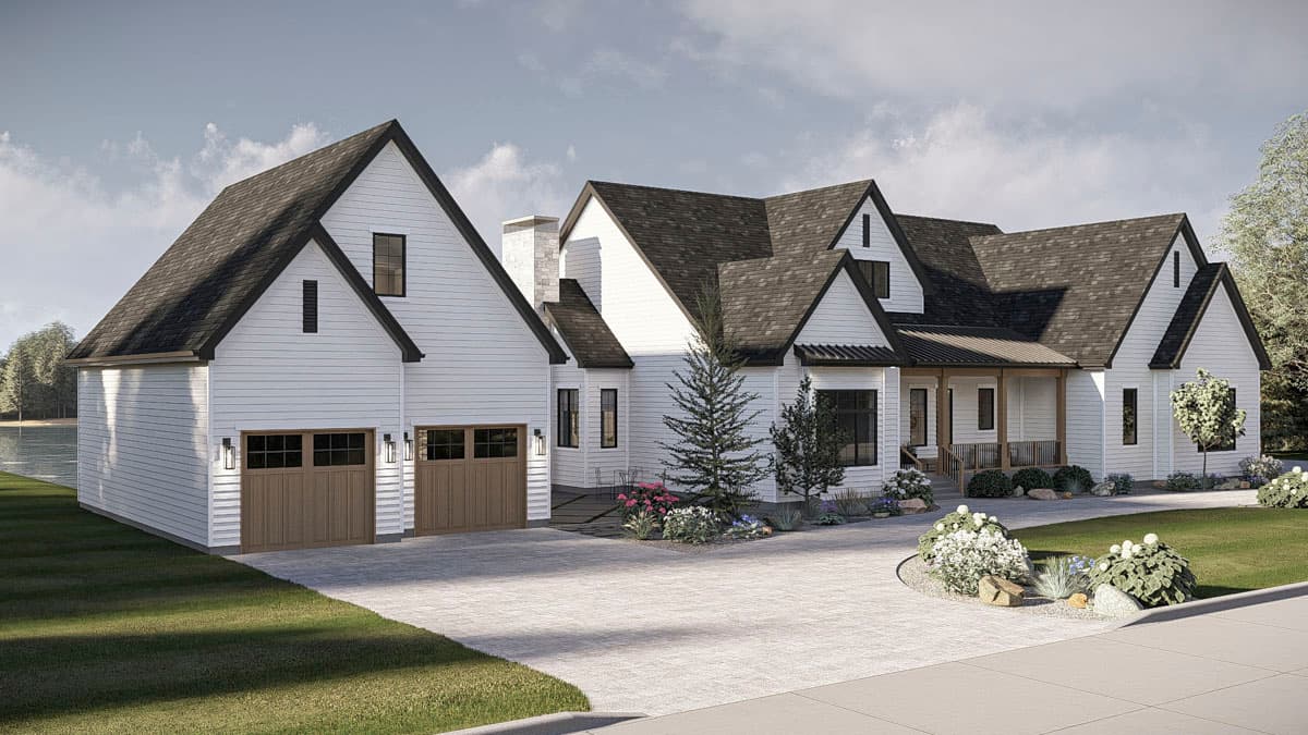 Modern Farmhouse house plan exterior with a side-entry three-car garage, gabled dormers, and a covered front porch.