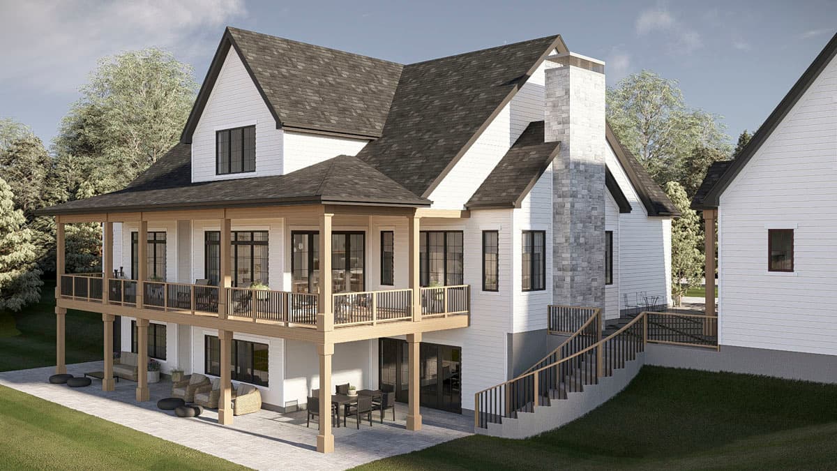 House plan exterior featuring a two-story design with a wrap-around deck, stone chimney, and gabled rooflines.
