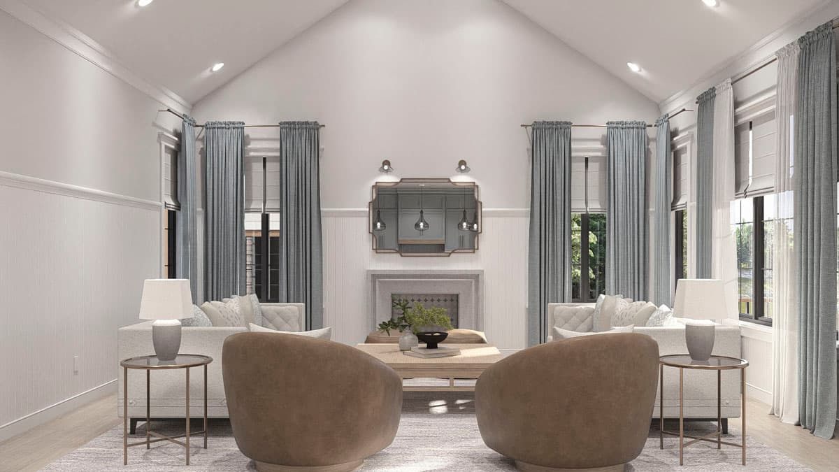 Interior rendering of living room with vaulted ceiling, fireplace, large windows, and paneled wainscoting.