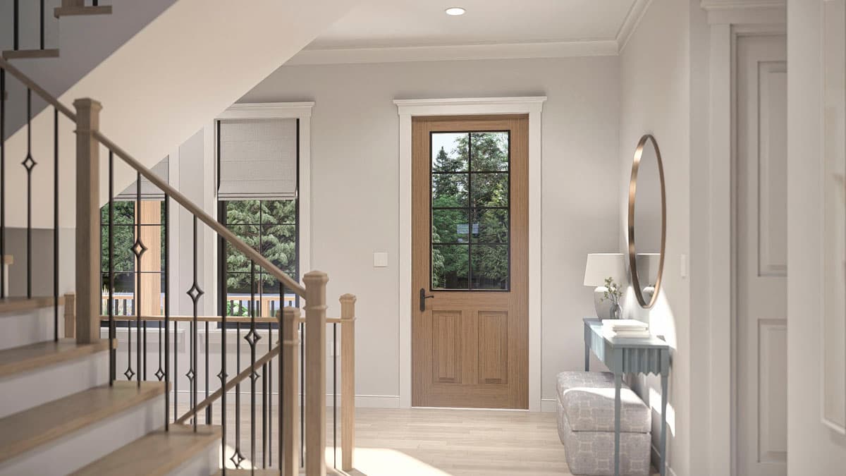 Interior rendering of a house entryway with a wood paneled door, staircase, and console table with mirror.