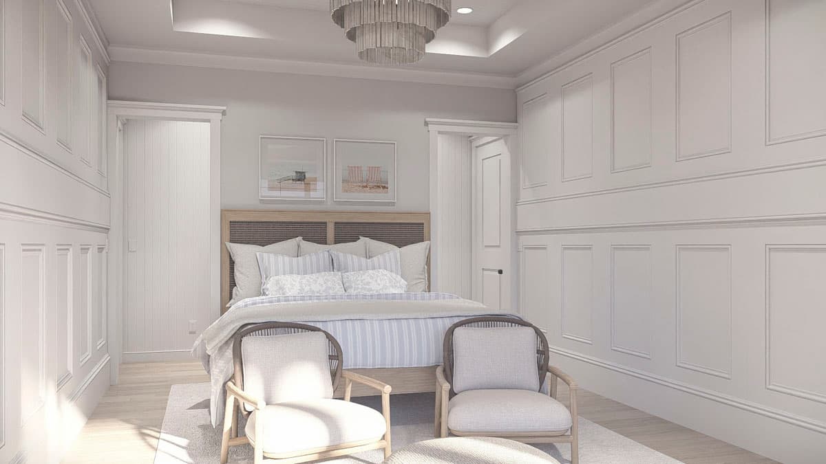 Bedroom interior rendering with paneled walls, king bed, two accent chairs, and tiered chandelier.