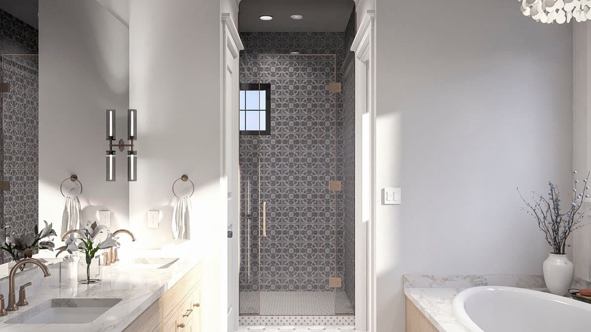 Bathroom with double vanity, patterned tile shower enclosure with glass door, and bathtub.