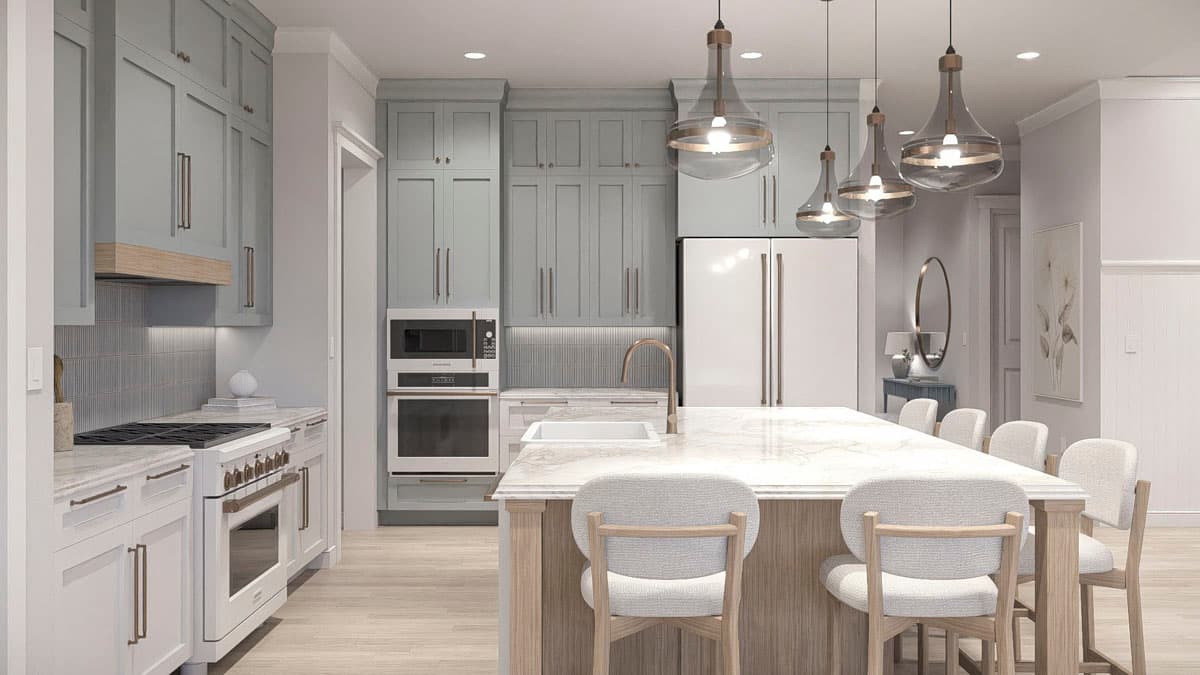 Kitchen rendering with a large island, light blue cabinetry, stainless steel appliances, and pendant lighting.