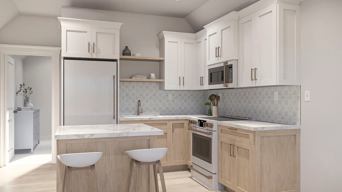 Kitchen rendering with white upper cabinets, wood lower cabinets, island, stainless steel refrigerator, and patterned backsplash.