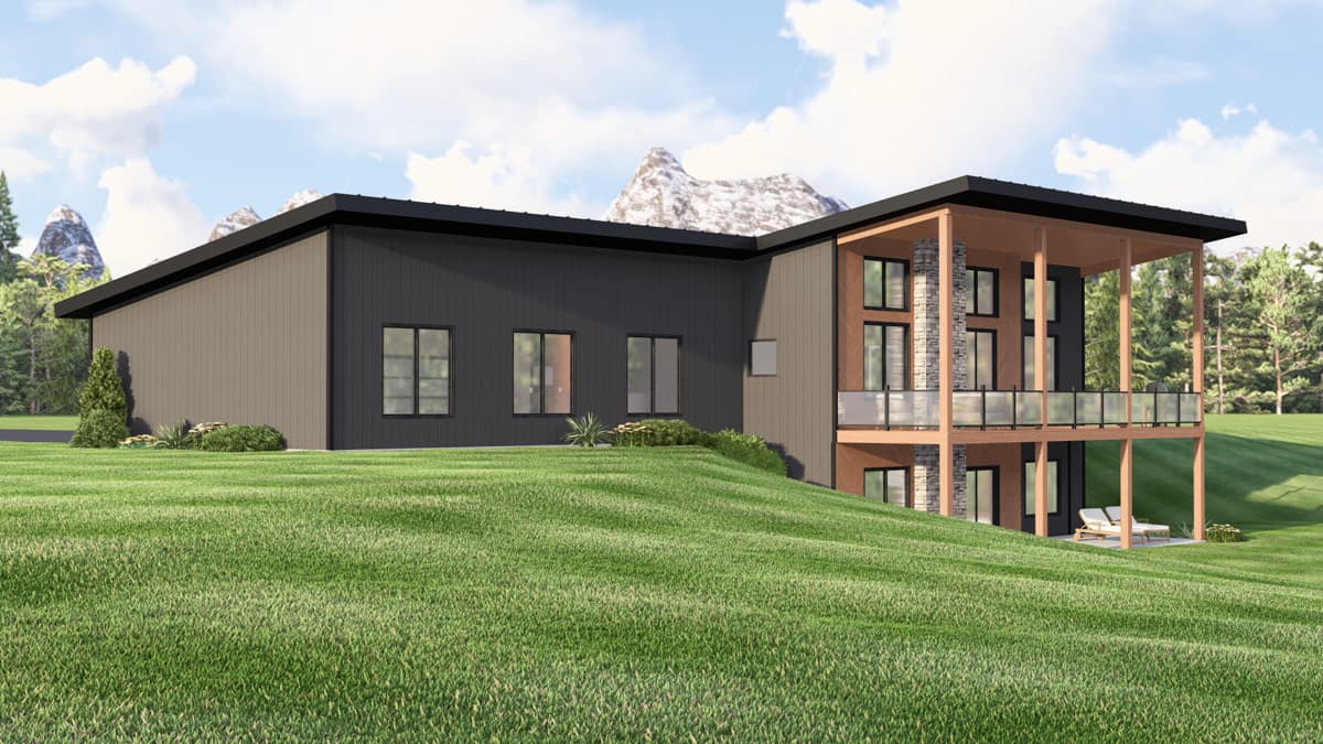 House plan exterior: Modern style, two stories, with a covered deck, stone chimney, and large windows.