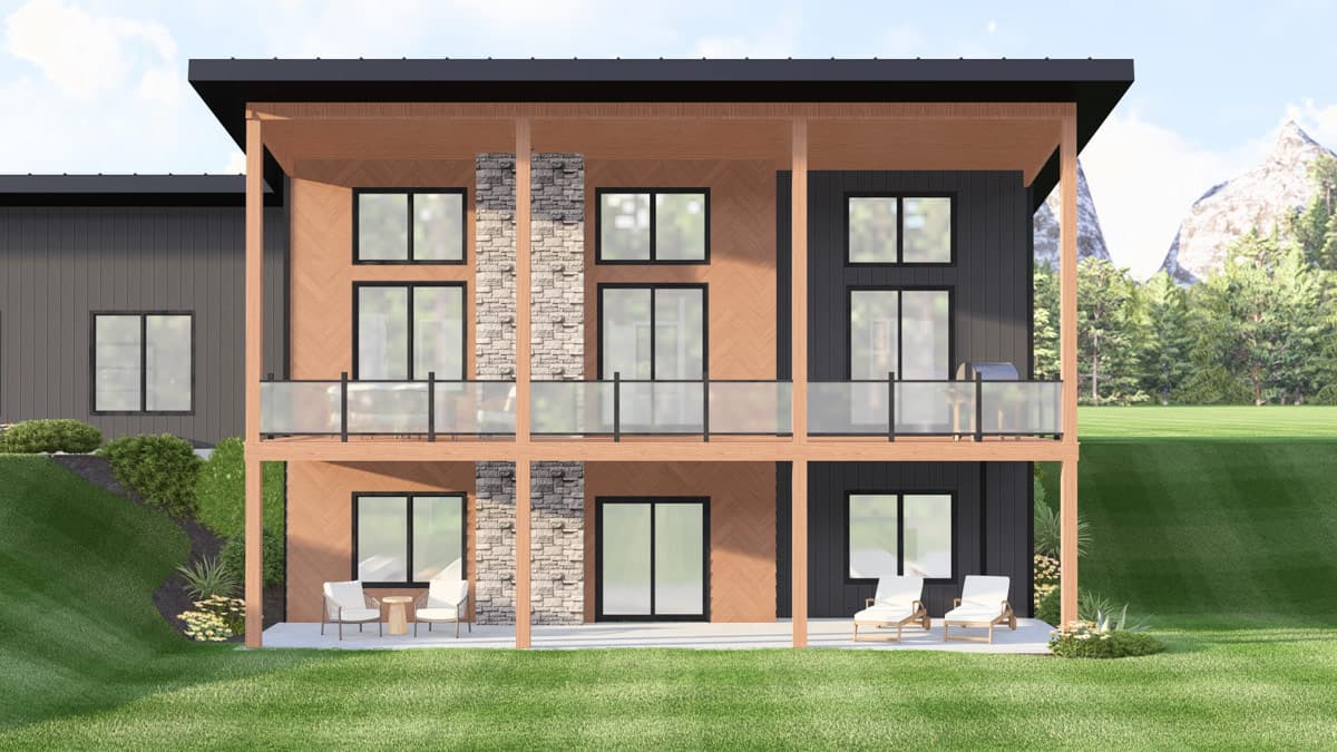 Modern two-story house plan exterior with wood siding, stone accents, large windows, and a second-floor balcony.