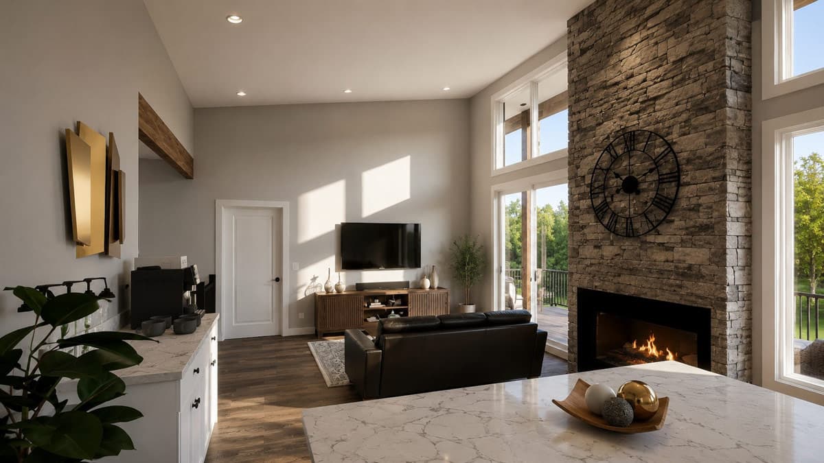 Interior rendering of open concept living area with stone fireplace, vaulted ceilings, large windows, and kitchen island.