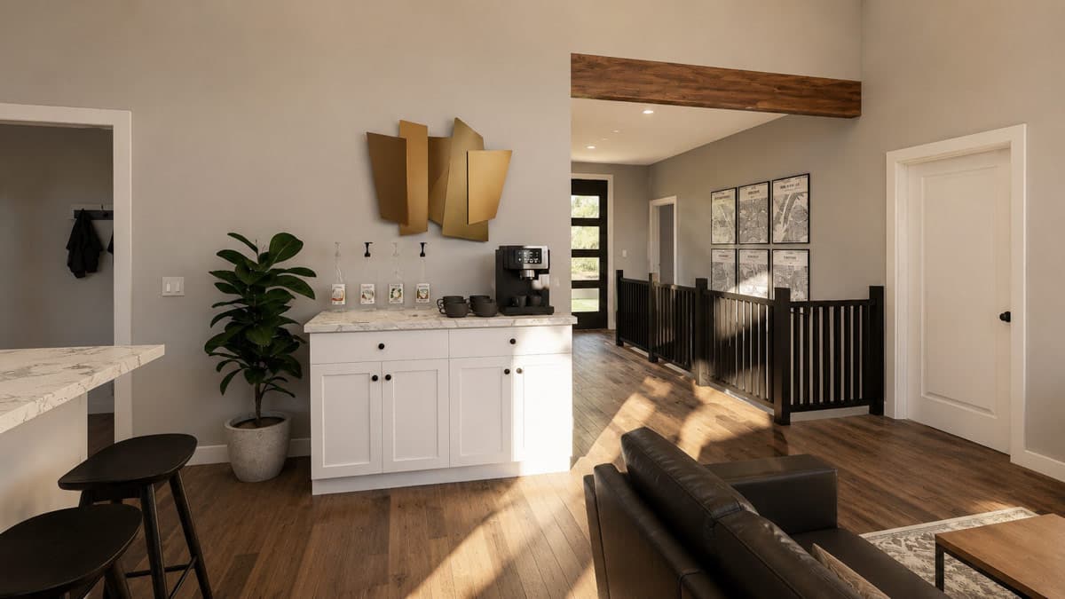 Interior rendering showing a coffee bar with white cabinets, a marble countertop, and a coffee maker.
