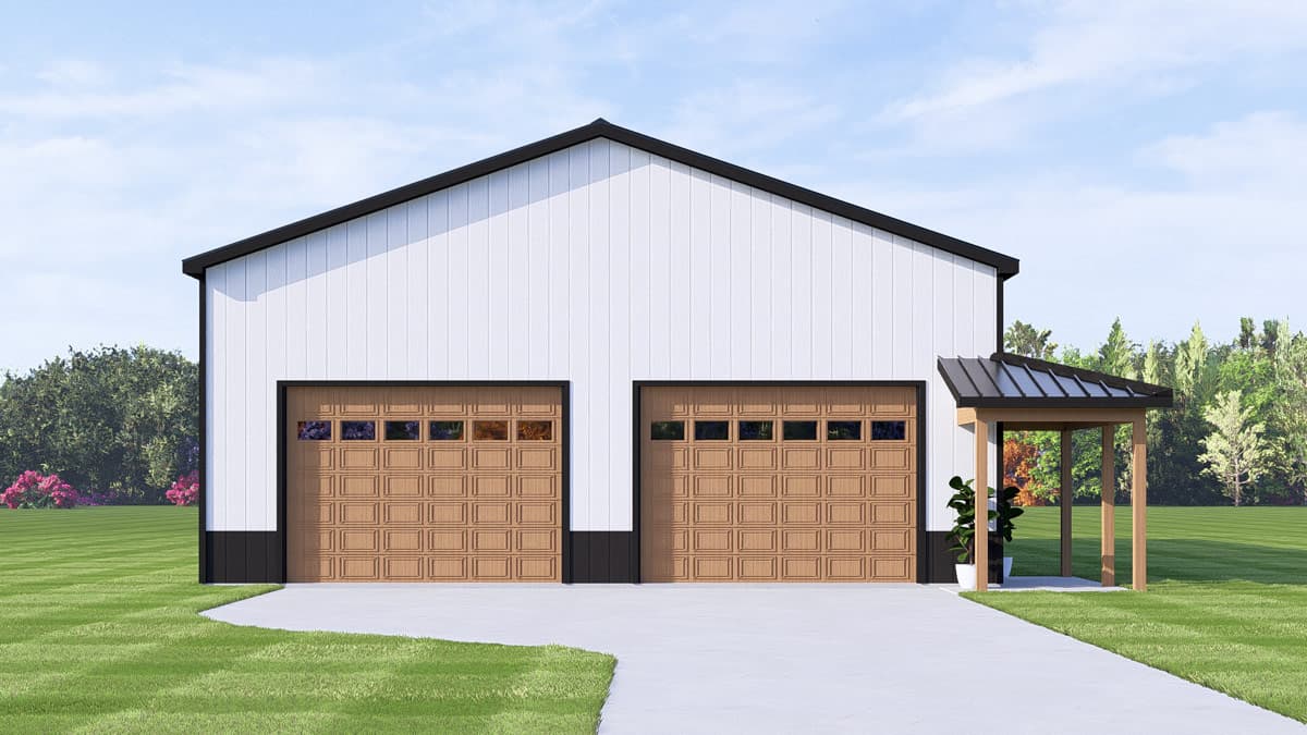 House plan exterior with a gable roof, two garage doors, and a covered entryway.