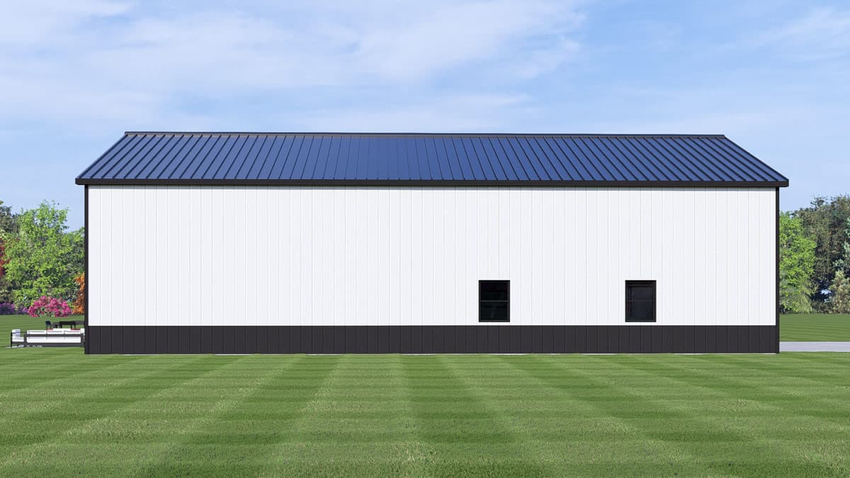 House plan exterior with white vertical siding, dark base, and dark metal gable roof. Two windows visible.