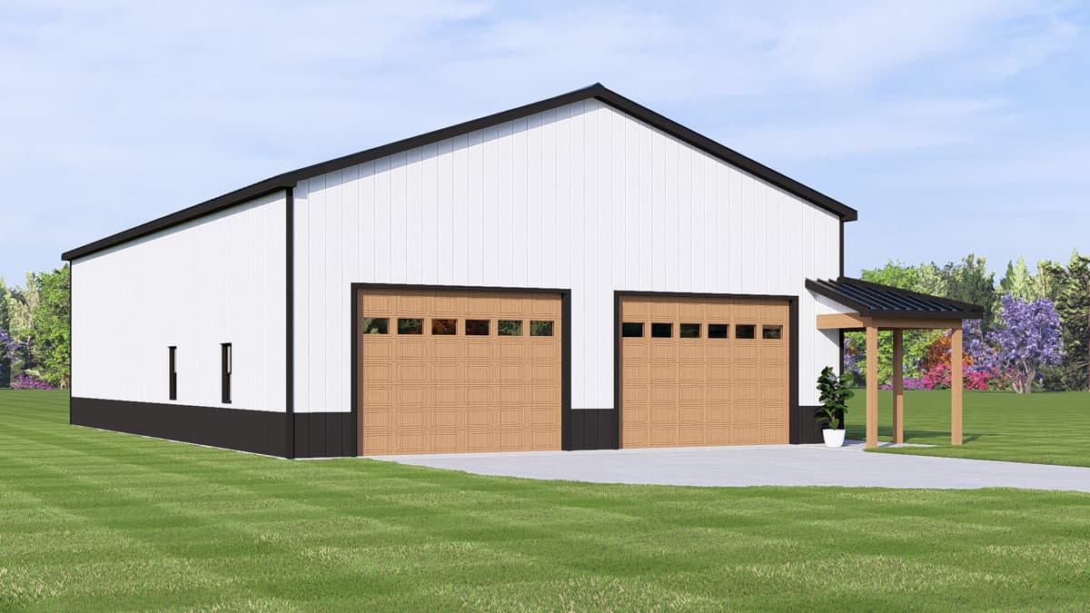 House plan exterior of a one-story modern barn with two garage doors, vertical siding, and a covered entry.