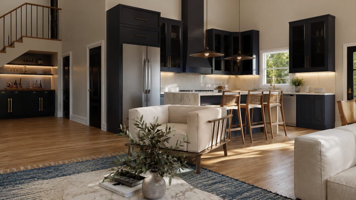 Interior view of a modern kitchen with dark cabinetry, stainless steel refrigerator, island with bar stools, and a wet bar with wine display.