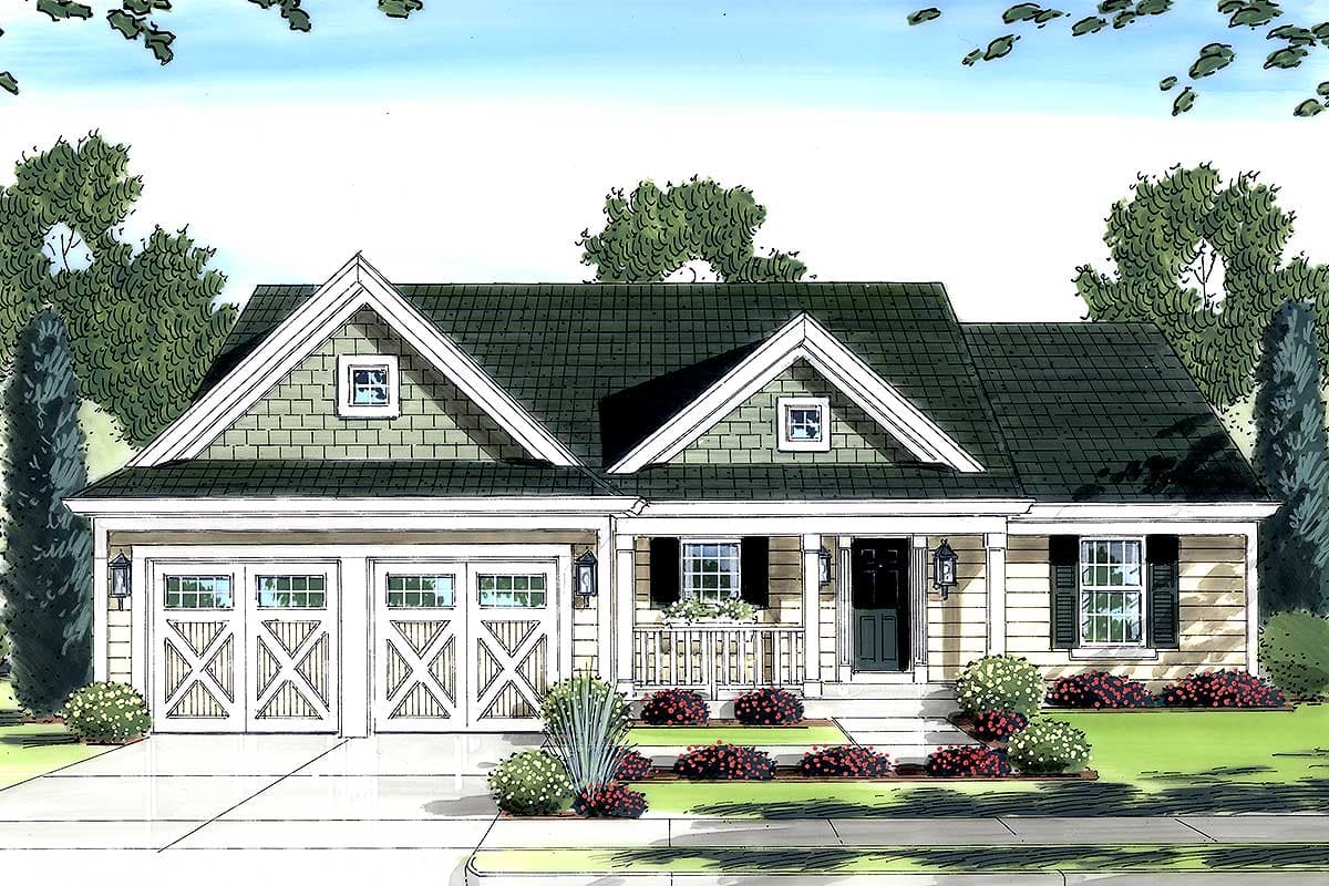 House plan exterior: Ranch style with two-car garage, gable dormers, and covered front porch with decorative railings.
