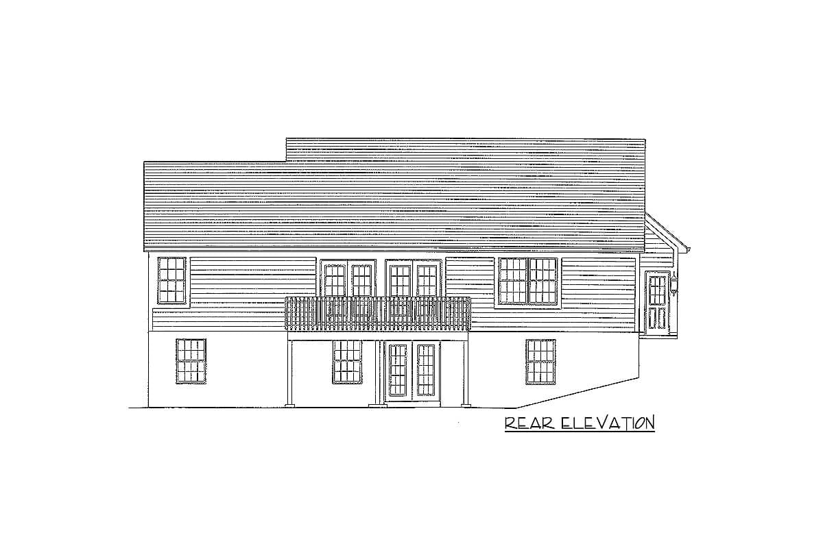 Rear elevation drawing of a house plan, featuring a deck with railing, multiple windows, and a door.