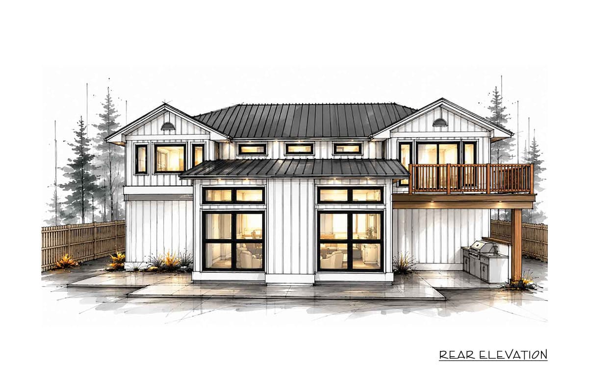 Rear elevation of a two-story house plan featuring a metal roof, board and batten siding, large windows, and a deck.