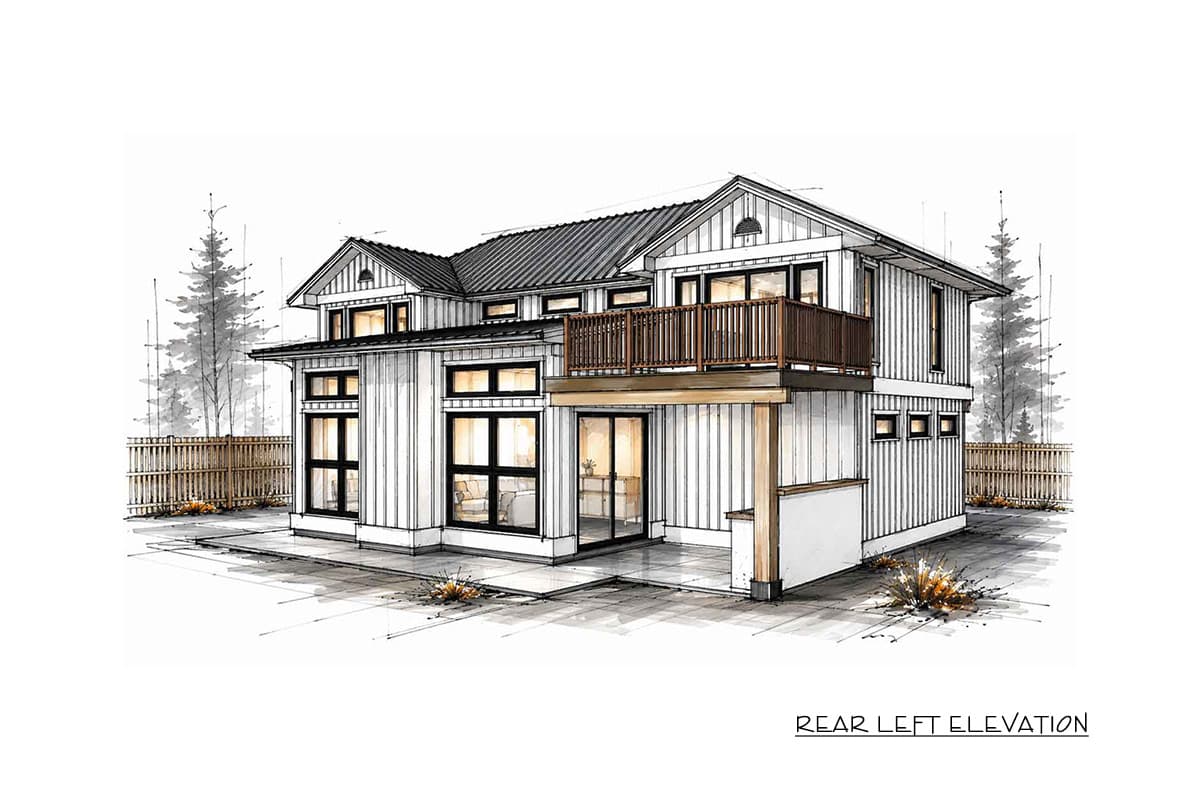 Rear left elevation of a two-story house plan with vertical siding, a metal roof, a second-story deck, and large windows.
