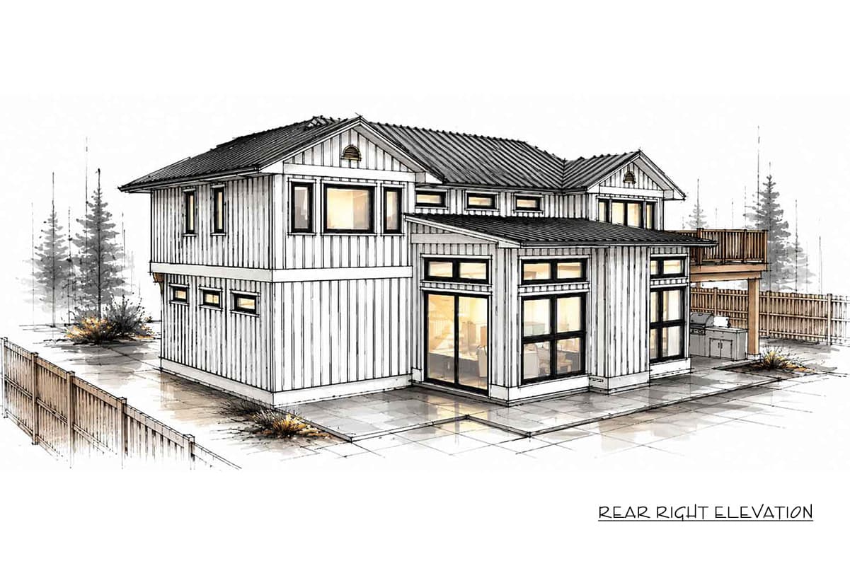 Rear right elevation of a two-story modern farmhouse with board and batten siding, metal roof, prominent gables, and large windows.