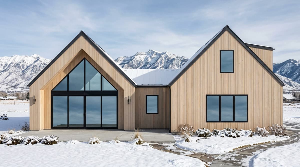 Modern house plan exterior with vertical wood siding, large gabled windows, and a metal roof against a snowy mountain backdrop.