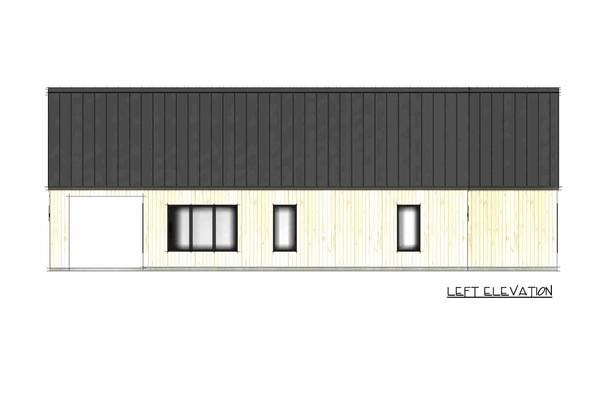 Left elevation of a house plan showing a standing seam metal roof, wood siding, a large multi-panel window, and two smaller windows.