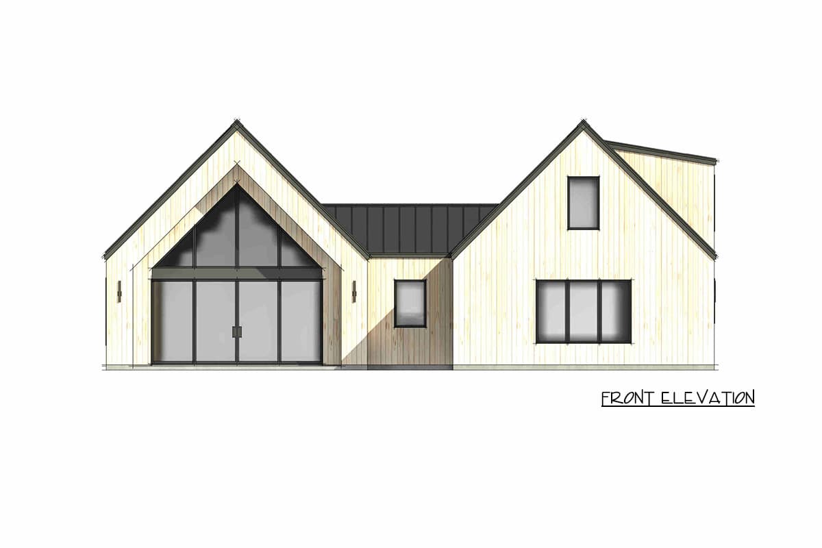 Front elevation of a house plan with a large gabled front window, wood siding, and a metal roof.