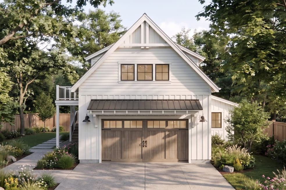 House plan exterior with gabled roof, double garage door with wood grain finish, and upper-level windows.