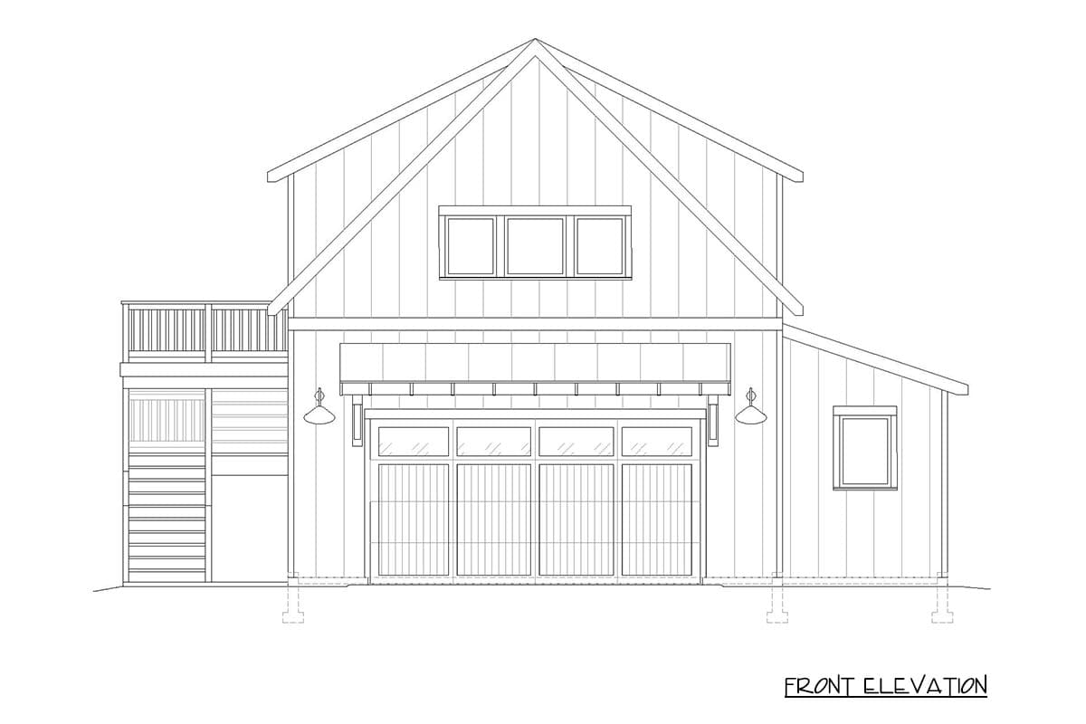 Front elevation of a house plan featuring a gable roof, a wide garage door, a second-story deck, and board and batten siding.