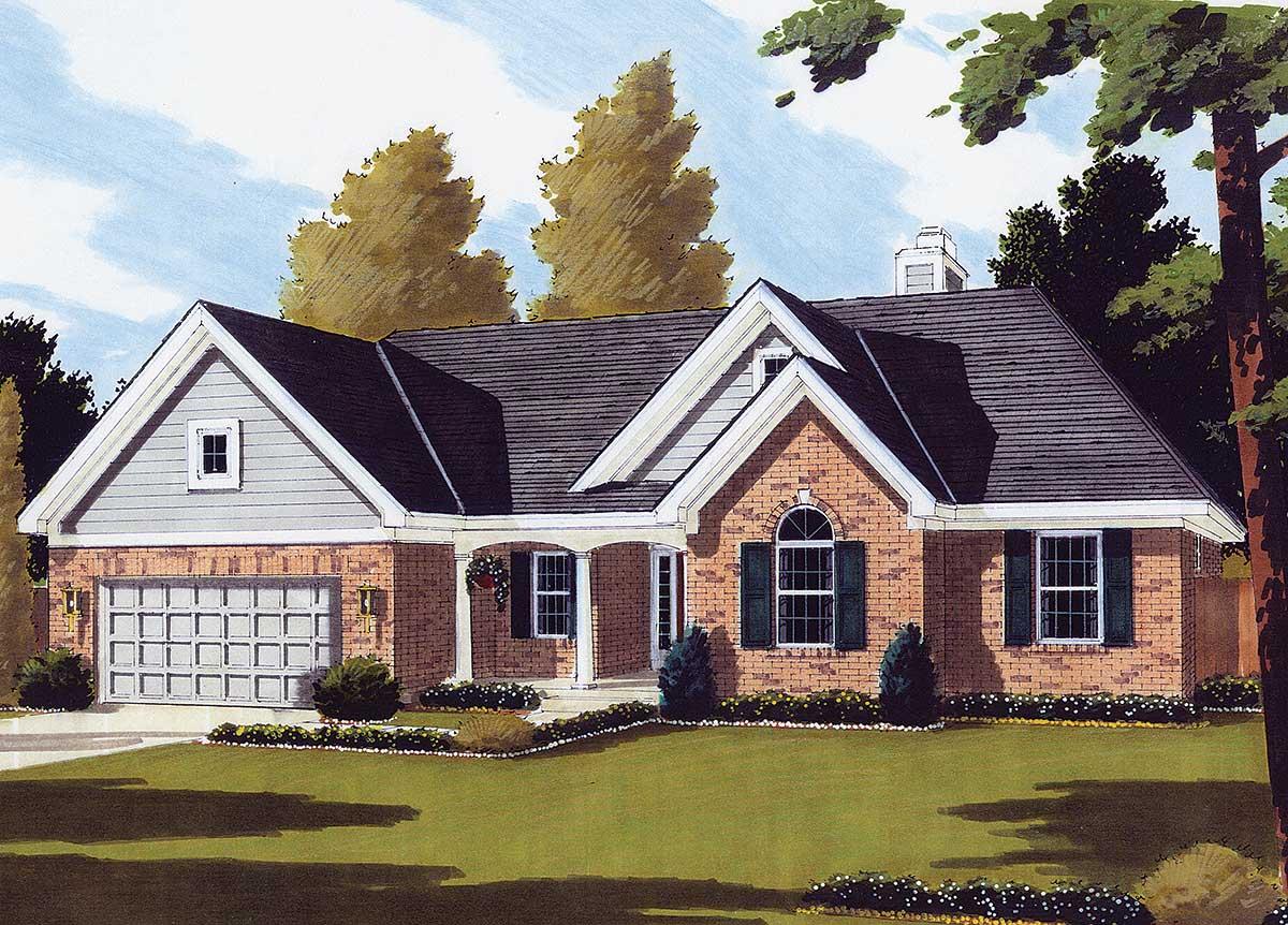 House plan exterior: Ranch style, brick and vinyl siding, front-facing garage, covered porch with columns, multiple gables.