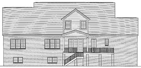 House plan rear elevation drawing showing a two-story structure with a central dormer, double doors, and a large deck with stairs.