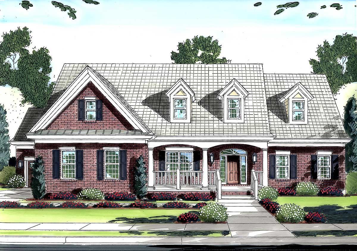House plan exterior: One-story brick house with gabled dormers, covered front porch with columns, and symmetrical window placement.