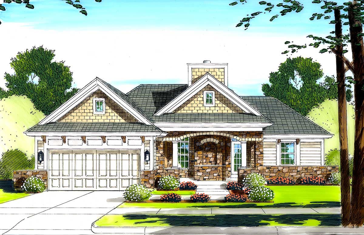 House plan exterior: Craftsman style, one story, with stone accents, arched entry porch, dormers, and a double garage.