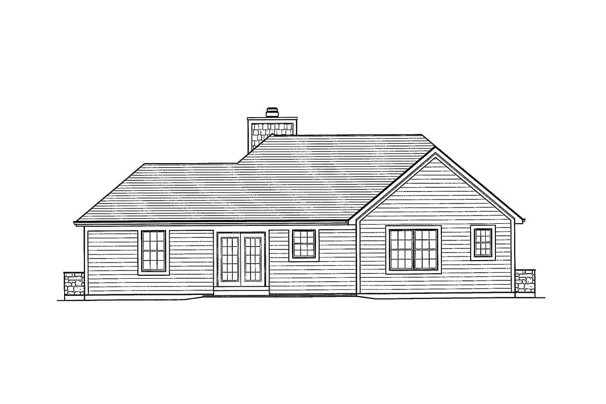 House plan exterior: single-story home with hip roof, gable end, double doors, and chimney.
