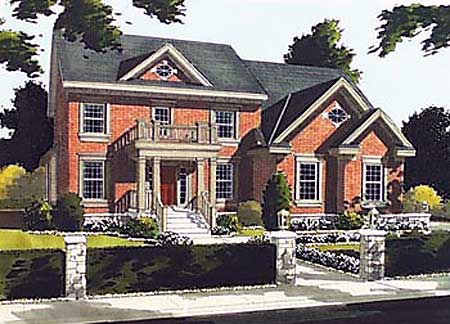 House plan exterior: Two-story brick residence with portico, second-story balcony, and prominent gables with decorative accents.
