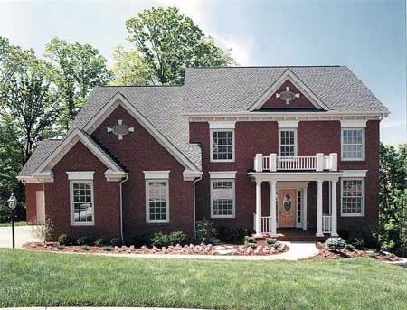 House plan exterior: Two-story brick home with a prominent front porch, dormer, and gabled roofline.