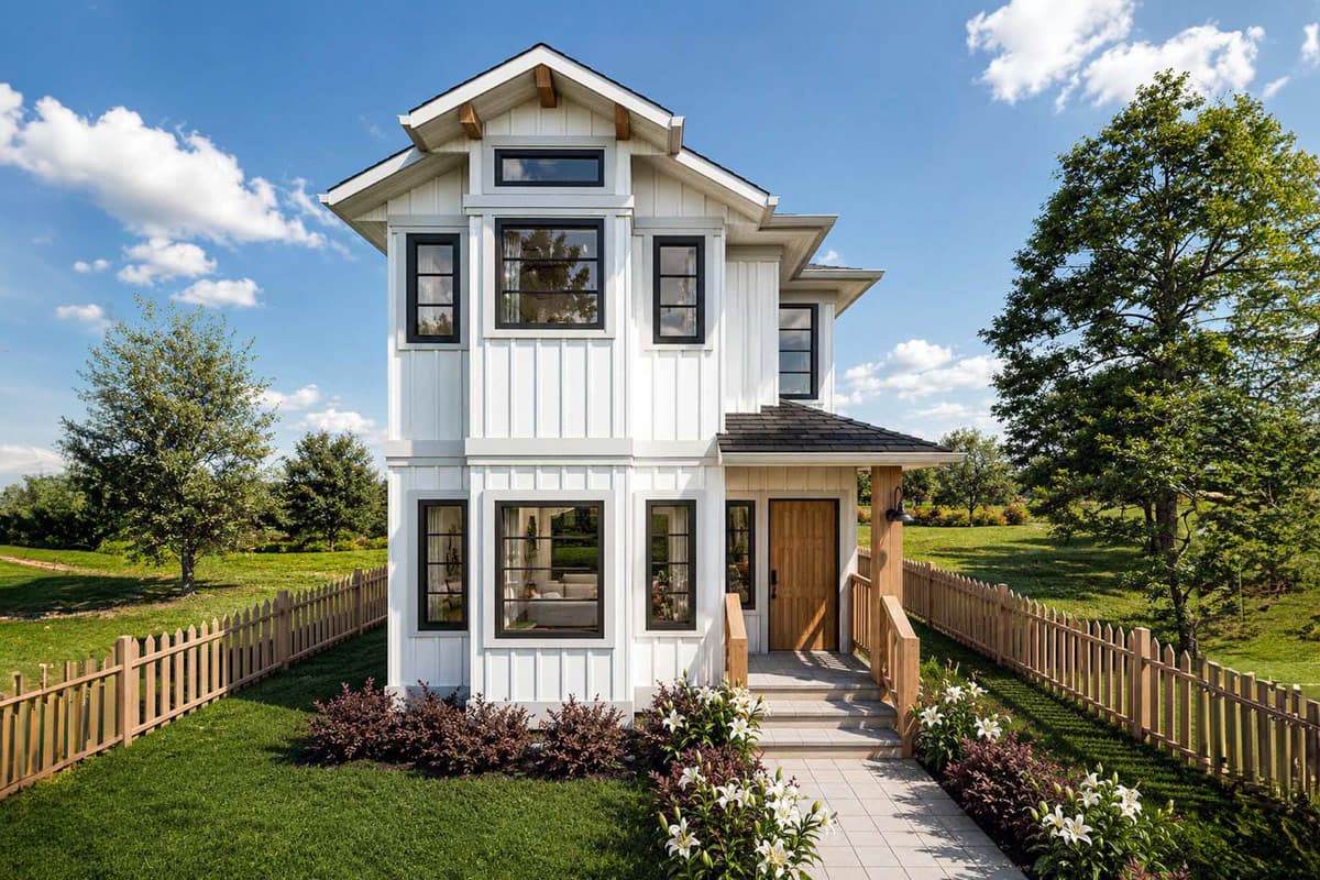 Modern Farmhouse style house plan exterior with white vertical siding, multiple gables, black windows, and a covered entry.