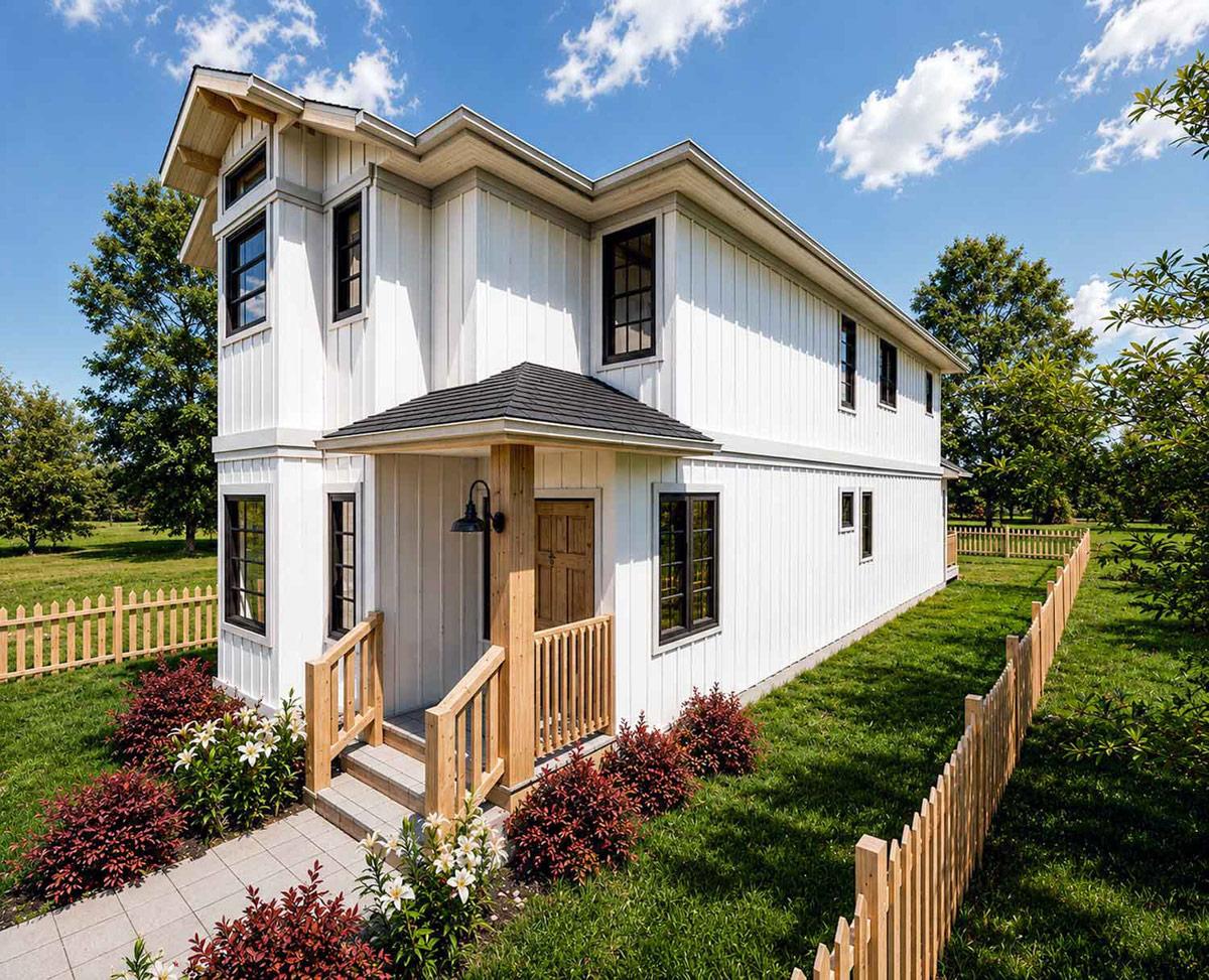 Modern Farmhouse exterior: two-story, white board and batten siding, covered porch with wooden railing, gabled dormer.