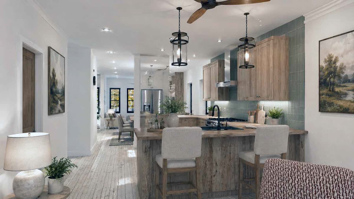 Interior rendering of a modern farmhouse kitchen with island, wood cabinets, tile backsplash, and open dining area visible.