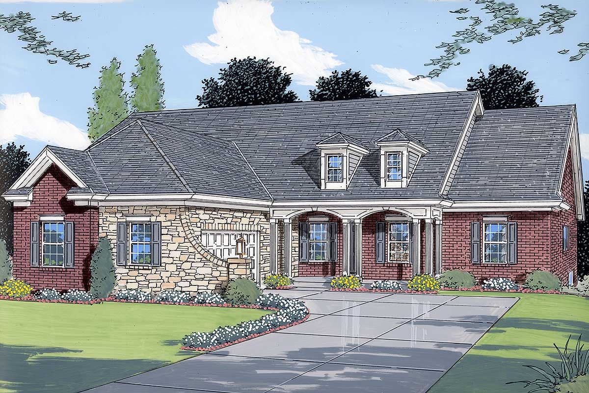 House plan exterior: One-story home with brick and stone facade, dormers, gabled roof, and covered porch supported by columns.
